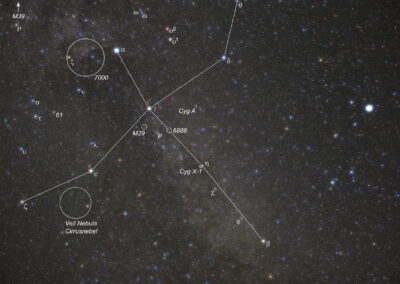 Die hellsten Sterne des Sternbilds Schwan formen ein Kreuz, dessen Längsbalken inmitten der Milchstraße liegt.