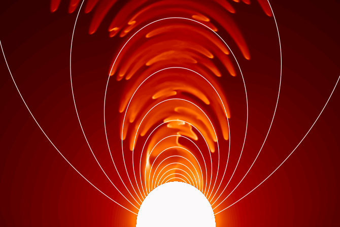 Weiße Linien illustrieren den Verlauf eines Magnetfelds um einen Stern, Das Magnetfeld wiederum beeinflusst die Dynamik geladener Teilchen, die hier als orangefarbene Schwaden dargestellt sind.