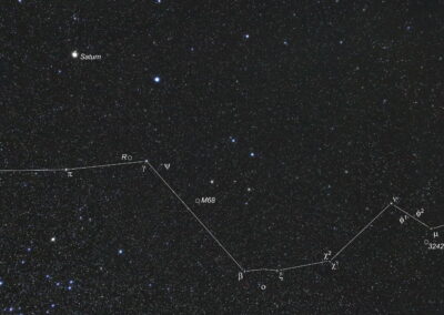 Die Wasserschlange (lat. Hydra) ist ein Sternbild des Südhimmels und das größte aller Sternbilder. Gezeigt ist der östliche Bereich der Hydra mit dem Sternbild Rabe in der Bildmitte.